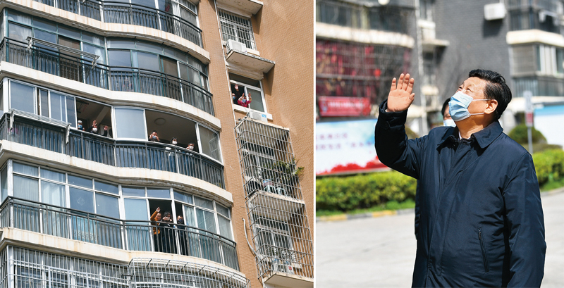 2020年3月10日，習近平專門赴湖北省武漢市考察新冠肺炎疫情防控工作。這是習近平在東湖新城社區(qū)考察時，向在家隔離居住的居民揮手致意、表示慰問（拼版照片）